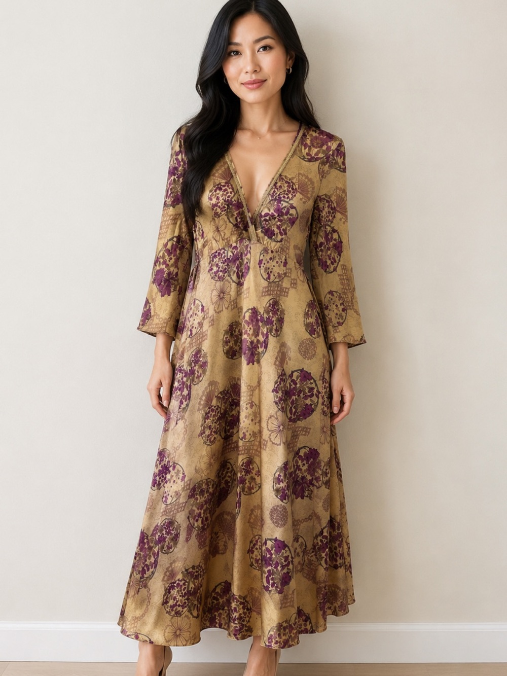 jonathan martin Gold Brown Maxi Dress with Purple Floral Print